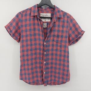 Frank & Eileen Linen Check Button Front Short Sleeve Shirt Size XS